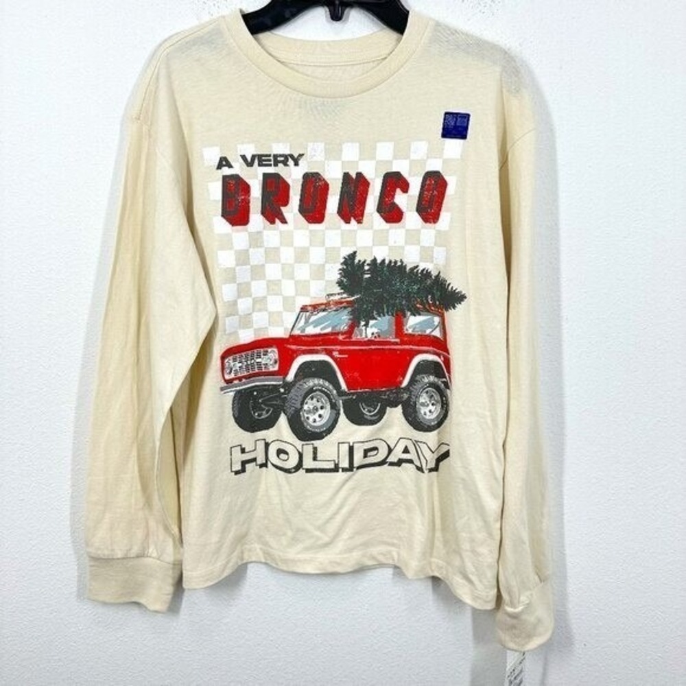 Ford Kids Large Red Bronco A Very Bronco Holiday Cream Long Sleeve Graphic‎ Tee
